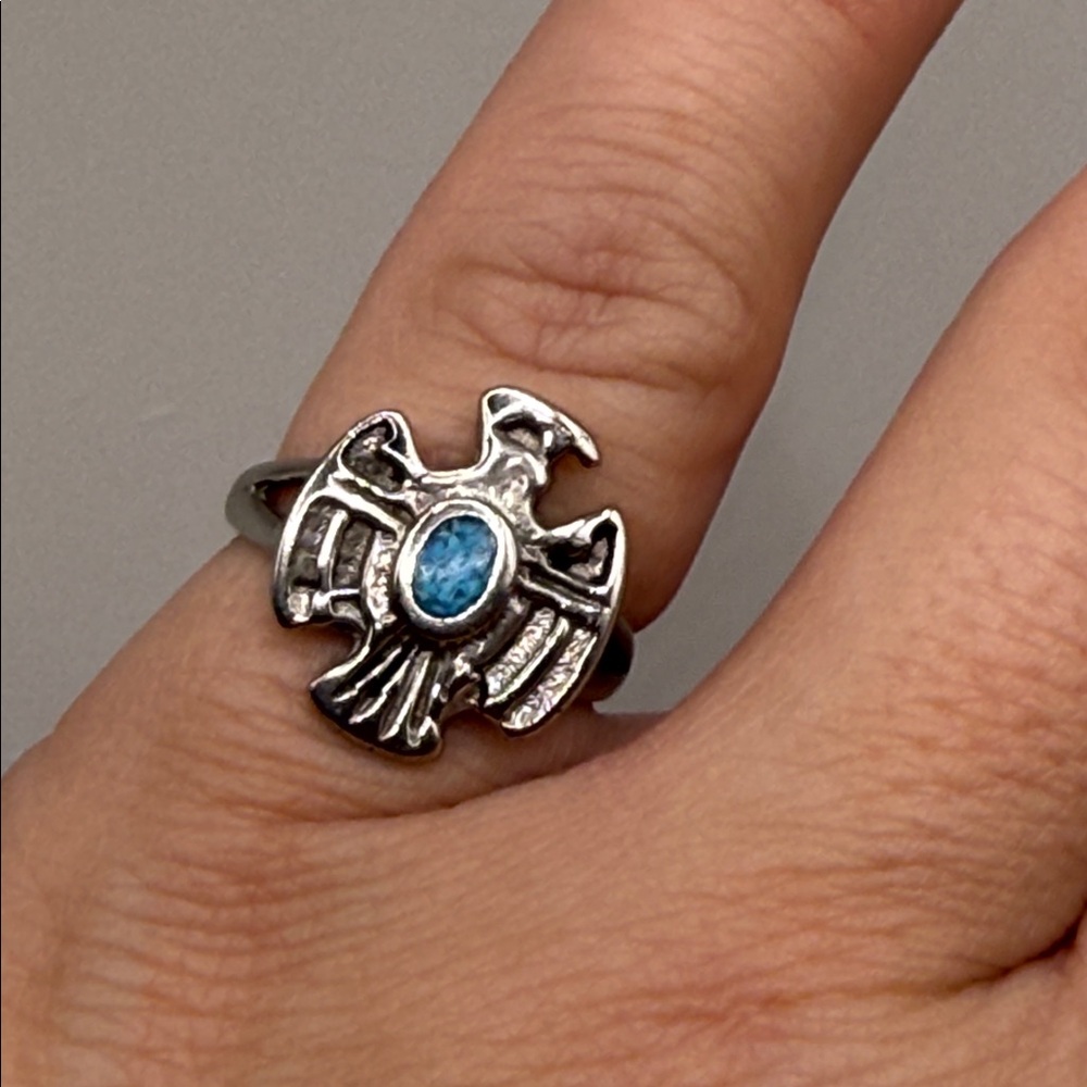 Vintage Southwestern Silver Tone Turquoise Blue Bird Statement Pinky Ring Size 4